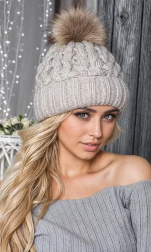 Knitted Cable beanie with Fur pom lining soft sharpa