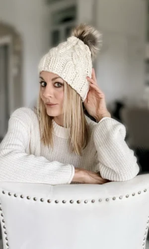 Knitted Cable Beanie with Fur Pom