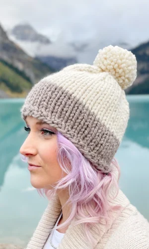 Knitted Stripe Beanie with pom